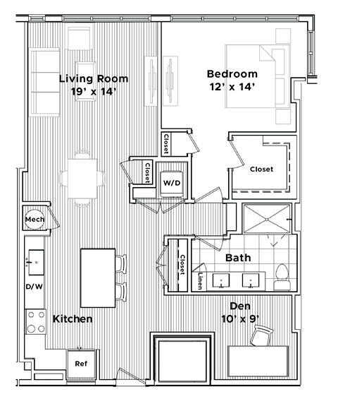Floor plan for 1 bed, 1 bath, 1013 sqft